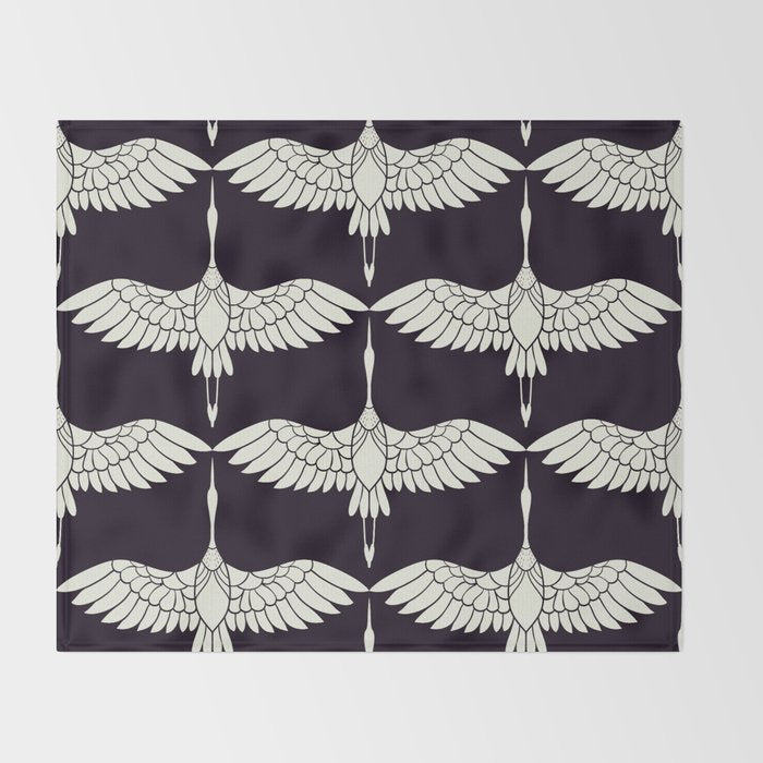 Japanese Crane Ornate Art Deco Black & White Pattern Throw Blanket Gallery Image 2