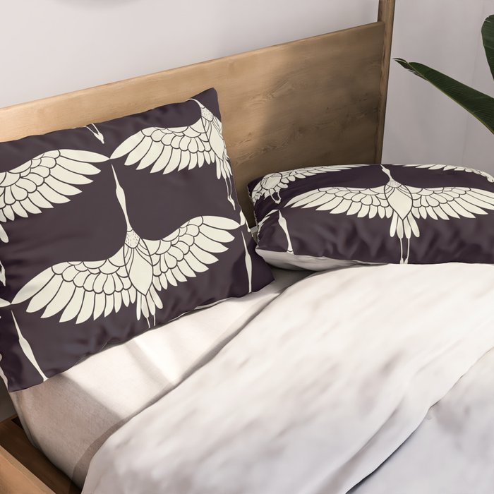 Japanese Crane Ornate Art Deco Black & White Pattern Pillow Sham Gallery Image 2