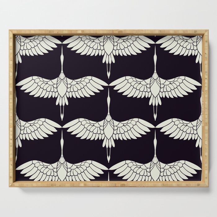 Japanese Crane Ornate Art Deco Black & White Pattern Serving Tray Gallery Image 1