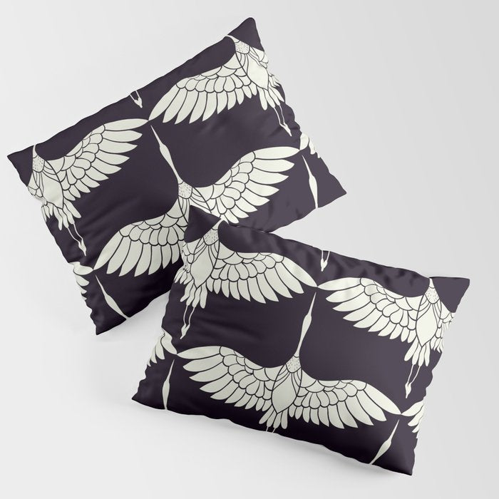 Japanese Crane Ornate Art Deco Black & White Pattern Pillow Sham Gallery Image 1
