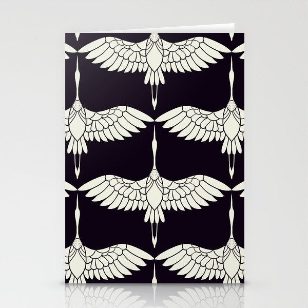 Japanese Crane Ornate Art Deco Black & White Pattern Stationery Card Gallery Image 2