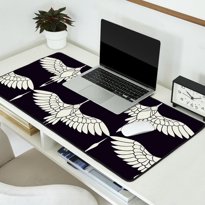 Japanese Crane Ornate Art Deco Black & White Pattern Desk Mat Gallery Image 2