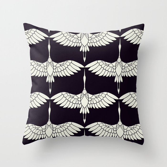 Japanese Crane Ornate Art Deco Black & White Pattern Throw Pillow Gallery Image 6