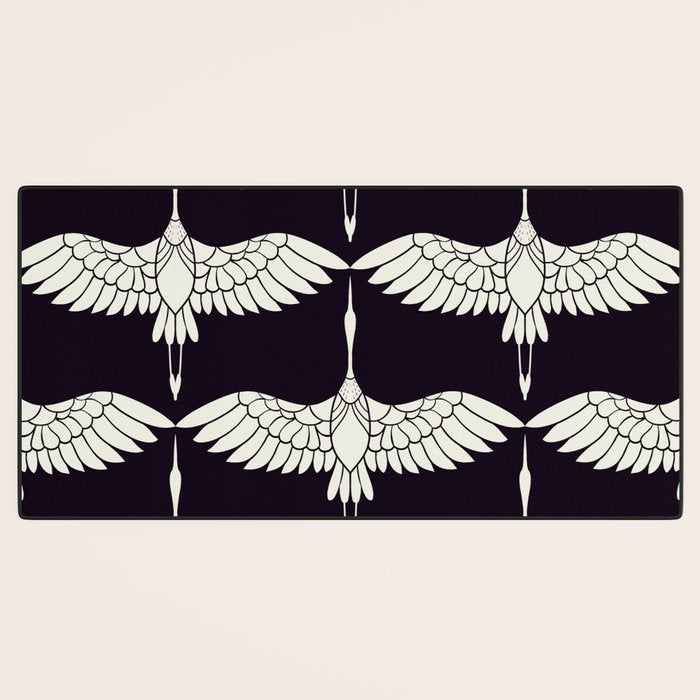 Japanese Crane Ornate Art Deco Black & White Pattern Desk Mat Gallery Image 3
