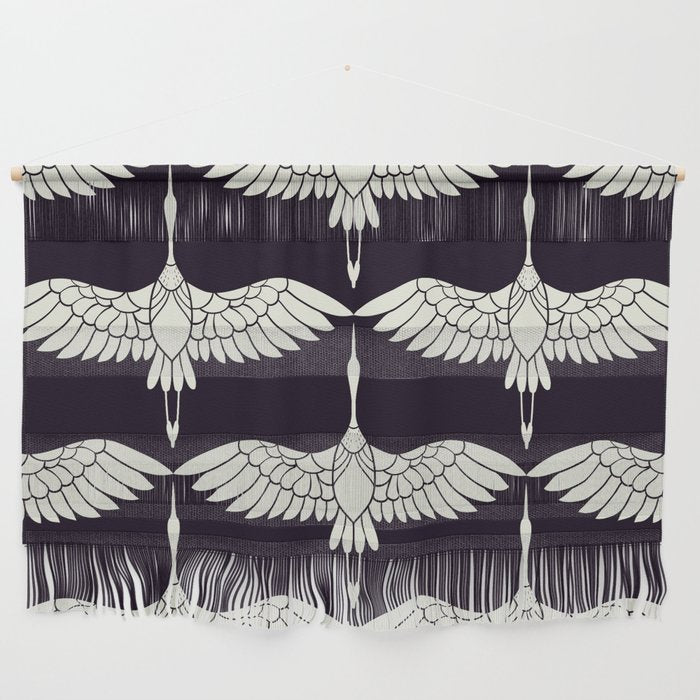 Japanese Crane Ornate Art Deco Black & White Pattern Wall Hanging Gallery Image 1