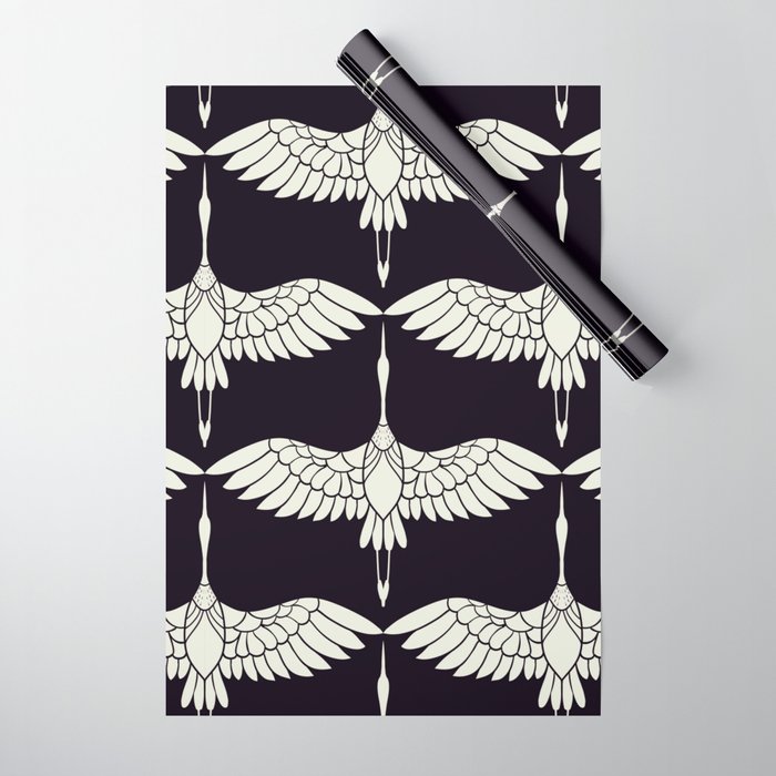 Japanese Crane Ornate Art Deco Black & White Pattern Wrapping Paper Gallery Image 1