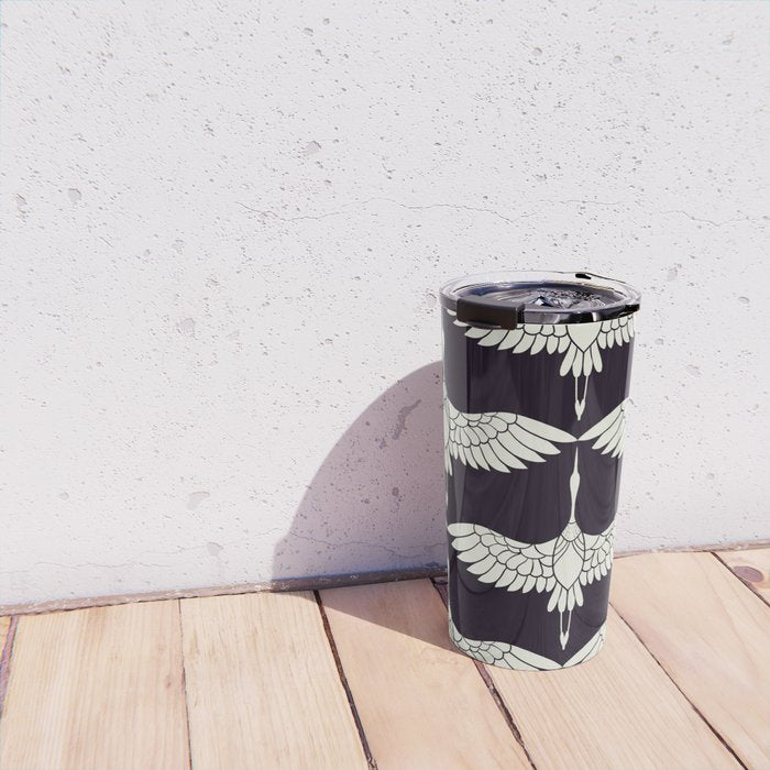 Japanese Crane Ornate Art Deco Black & White Pattern Travel Mug Gallery Image 4