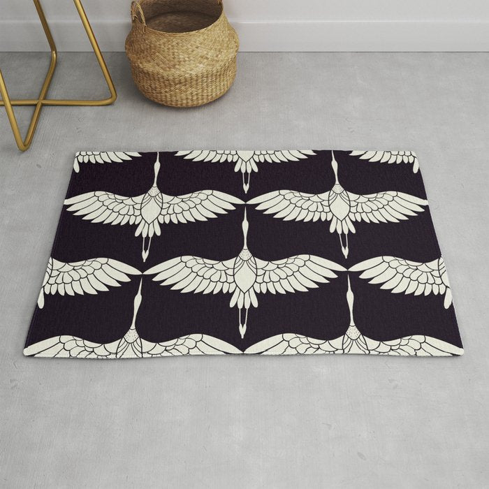 Japanese Crane Ornate Art Deco Black & White Pattern Rug Gallery Image 1