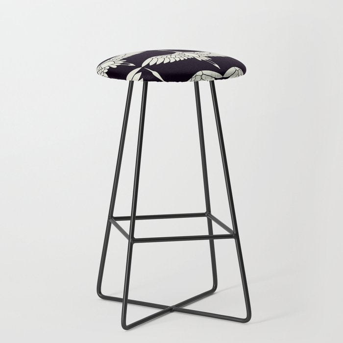 Japanese Crane Ornate Art Deco Black & White Pattern Stool Gallery Image 1
