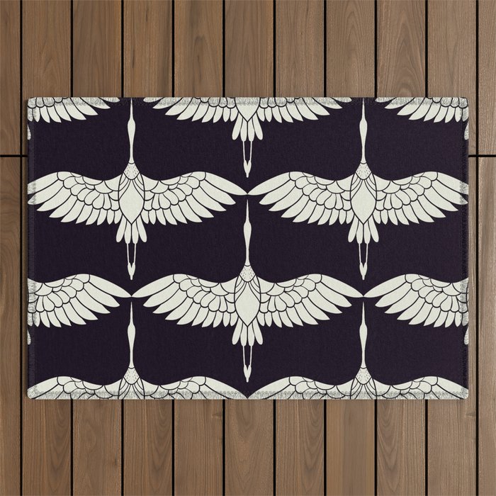 Japanese Crane Ornate Art Deco Black & White Pattern Outdoor Rug Gallery Image 1