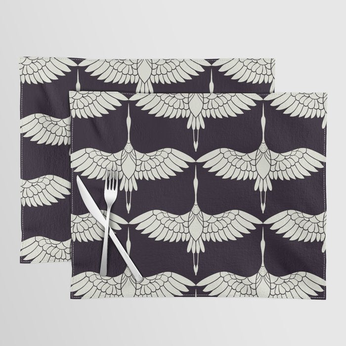 Japanese Crane Ornate Art Deco Black & White Pattern Placemat Gallery Image 1