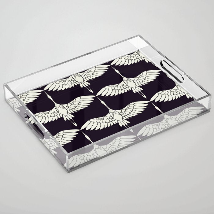 Japanese Crane Ornate Art Deco Black & White Pattern Acrylic Tray Gallery Image 1