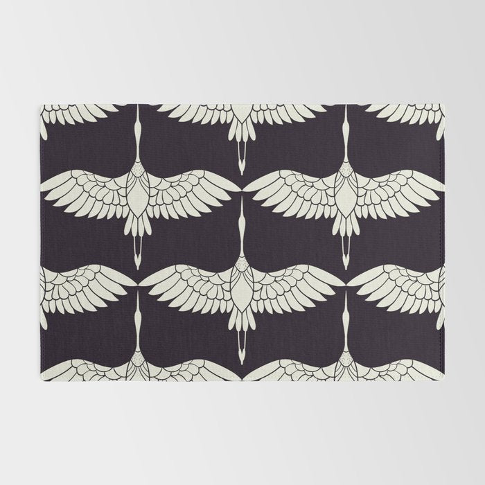 Japanese Crane Ornate Art Deco Black & White Pattern Rug Gallery Image 2
