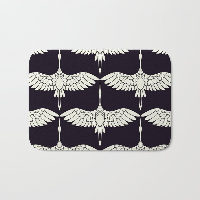 Japanese Crane Ornate Art Deco Black & White Pattern Bath Mat Gallery Image 1