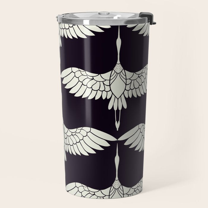 Japanese Crane Ornate Art Deco Black & White Pattern Travel Mug Gallery Image 2