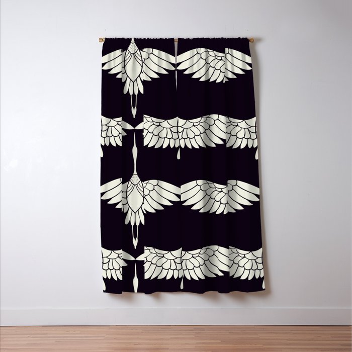 Japanese Crane Ornate Art Deco Black & White Pattern Window Curtain Gallery Image 3