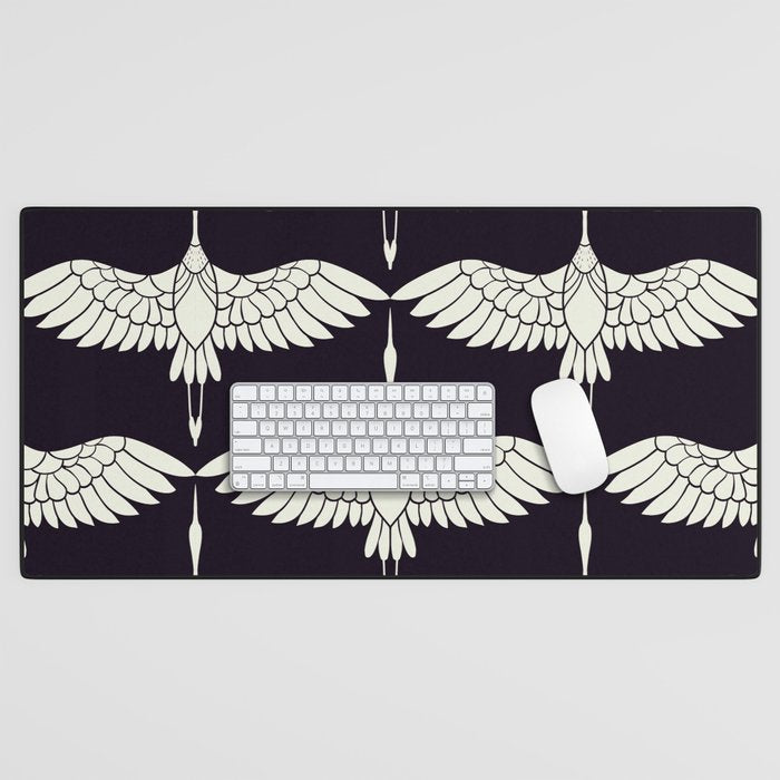 Japanese Crane Ornate Art Deco Black & White Pattern Desk Mat Gallery Image 1