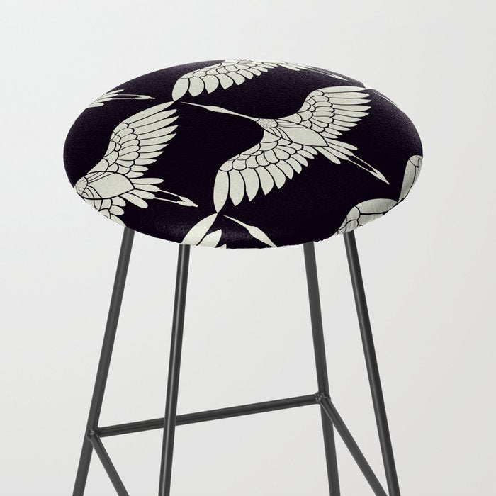 Japanese Crane Ornate Art Deco Black & White Pattern Stool Gallery Image 2