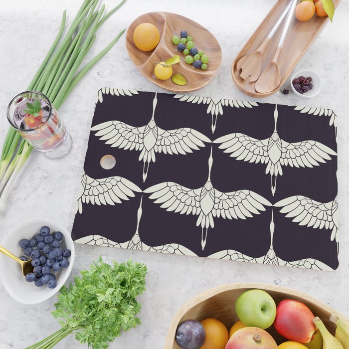Japanese Crane Ornate Art Deco Black & White Pattern Cutting Board Gallery Image 2