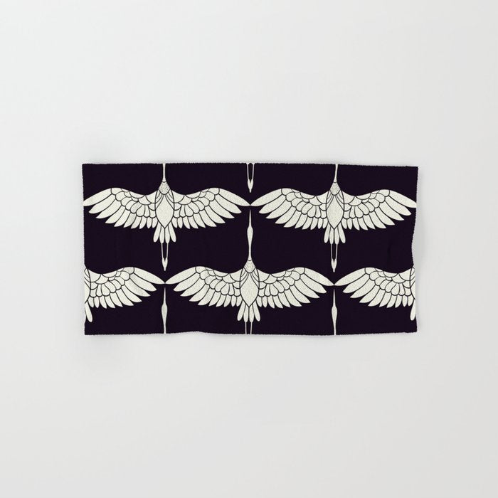 Japanese Crane Ornate Art Deco Black & White Pattern Bath Towel Gallery Image 1