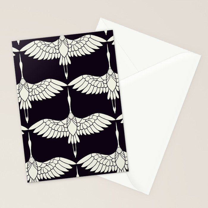 Japanese Crane Ornate Art Deco Black & White Pattern Stationery Card Gallery Image 2