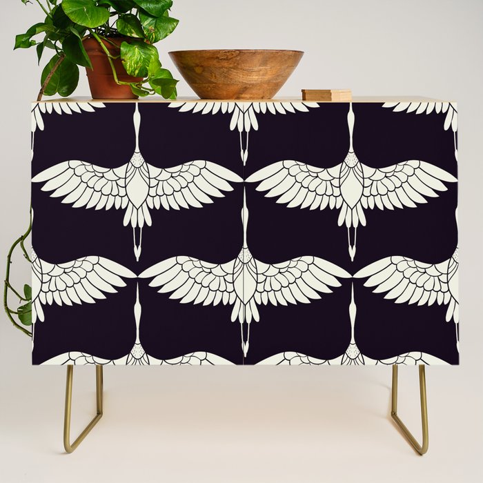 Japanese Crane Ornate Art Deco Black & White Pattern Credenza Gallery Image 1