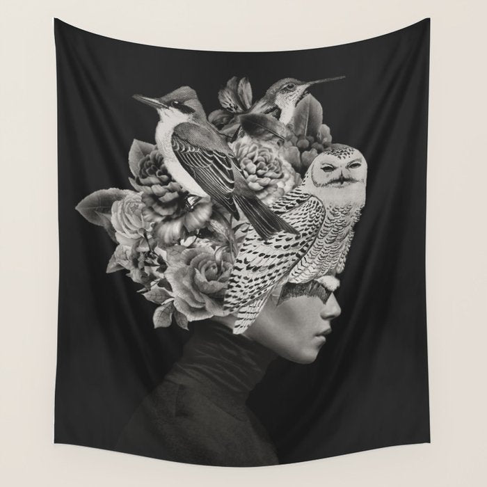 Lady with Birds(portrait) Wall Tapestry Gallery Image 1