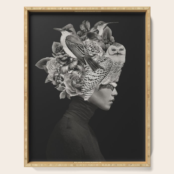 Lady with Birds(portrait) Serving Tray Gallery Image 1