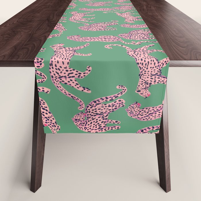 Modern abstract pink leopards in emerald green background  Table Runner Gallery Image 1