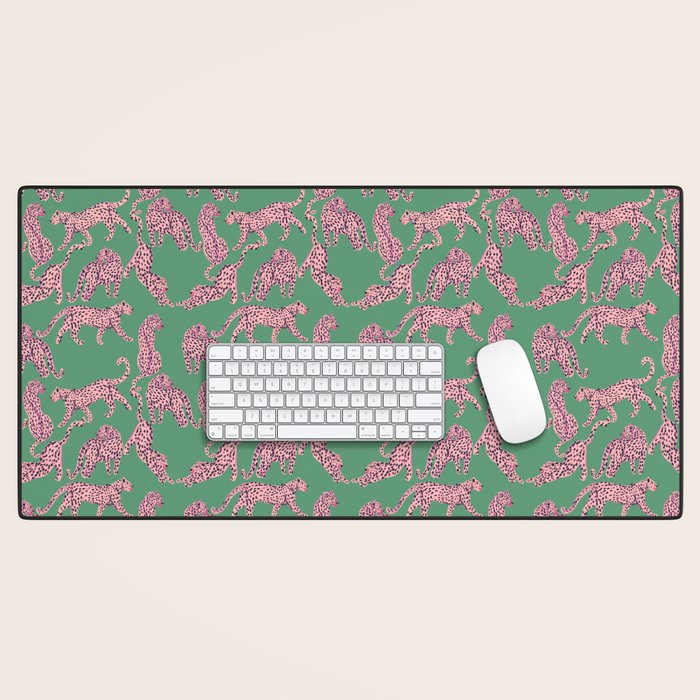 Modern abstract pink leopards in emerald green background  Desk Mat Gallery Image 1