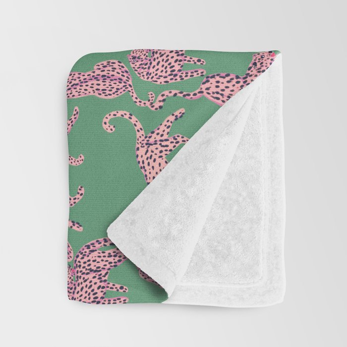 Modern abstract pink leopards in emerald green background  Throw Blanket Gallery Image 3