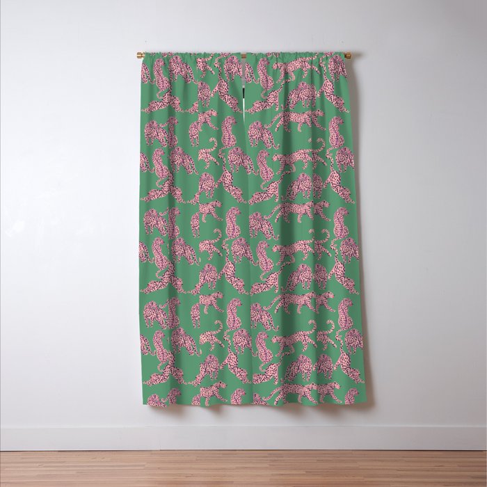 Modern abstract pink leopards in emerald green background  Window Curtain Gallery Image 3