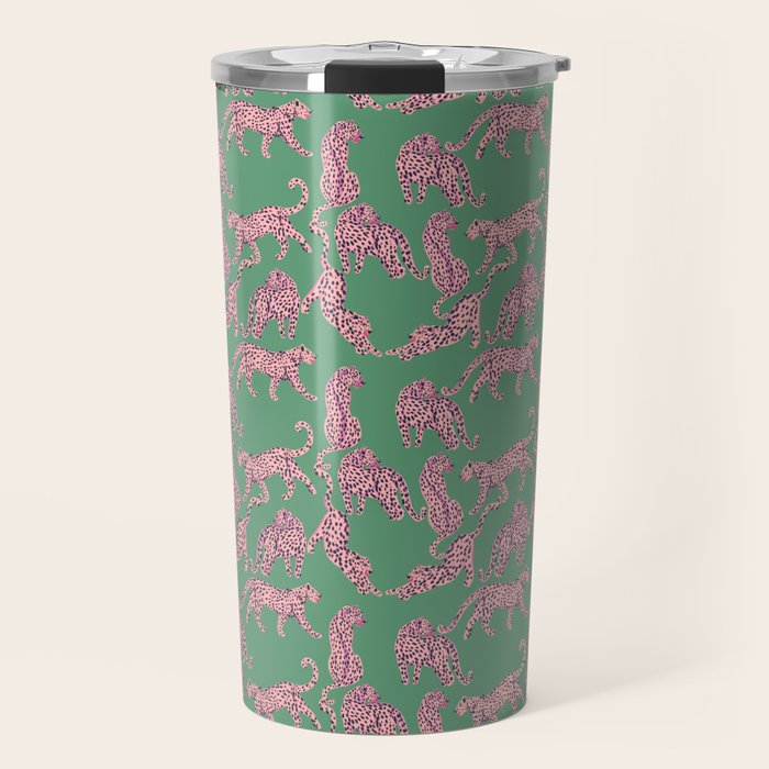 Modern abstract pink leopards in emerald green background  Travel Mug Gallery Image 1