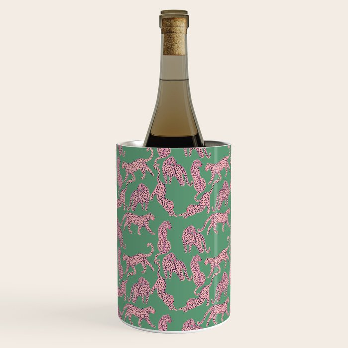 Modern abstract pink leopards in emerald green background  Wine Chiller Gallery Image 2