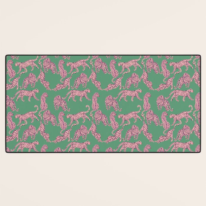 Modern abstract pink leopards in emerald green background  Desk Mat Gallery Image 3