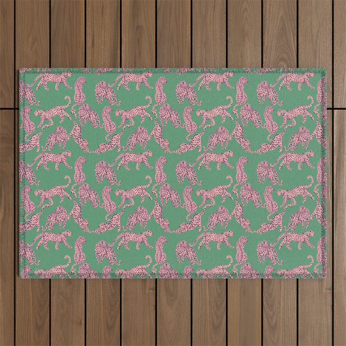 Modern abstract pink leopards in emerald green background  Outdoor Rug Gallery Image 1