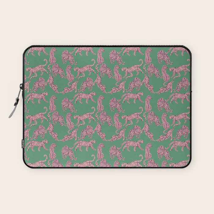 Modern abstract pink leopards in emerald green background  Laptop Sleeve Gallery Image 1