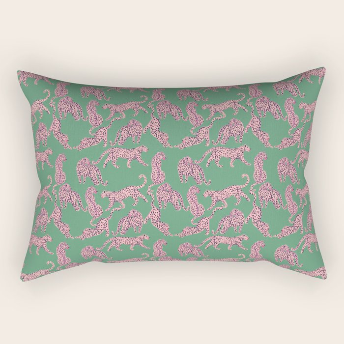 Modern abstract pink leopards in emerald green background  Rectangular Pillow Gallery Image 1