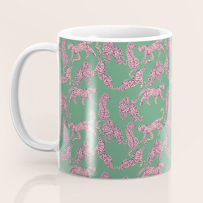 Modern abstract pink leopards in emerald green background  Coffee Mug Gallery Image 3