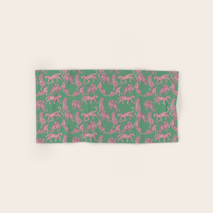 Modern abstract pink leopards in emerald green background  Bath Towel Gallery Image 1