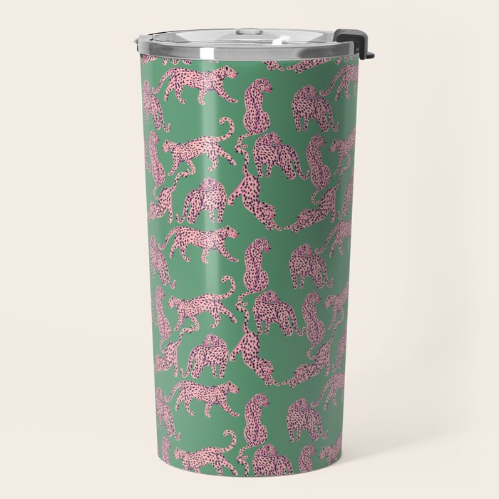 Modern abstract pink leopards in emerald green background  Travel Mug Gallery Image 2