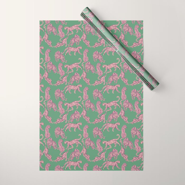 Modern abstract pink leopards in emerald green background  Wrapping Paper Gallery Image 1