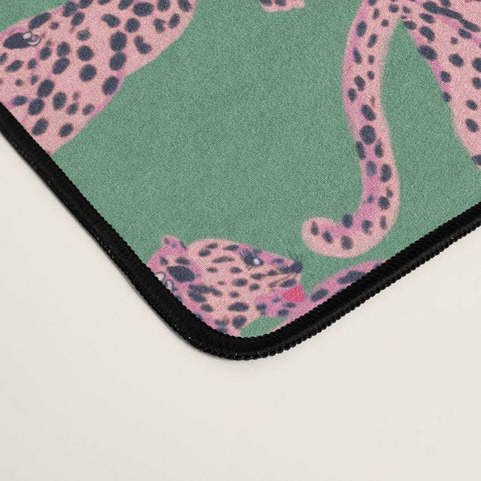 Modern abstract pink leopards in emerald green background  Desk Mat Gallery Image 4