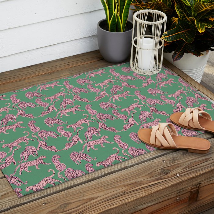 Modern abstract pink leopards in emerald green background  Outdoor Rug Gallery Image 2