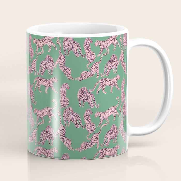 Modern abstract pink leopards in emerald green background  Coffee Mug Gallery Image 1