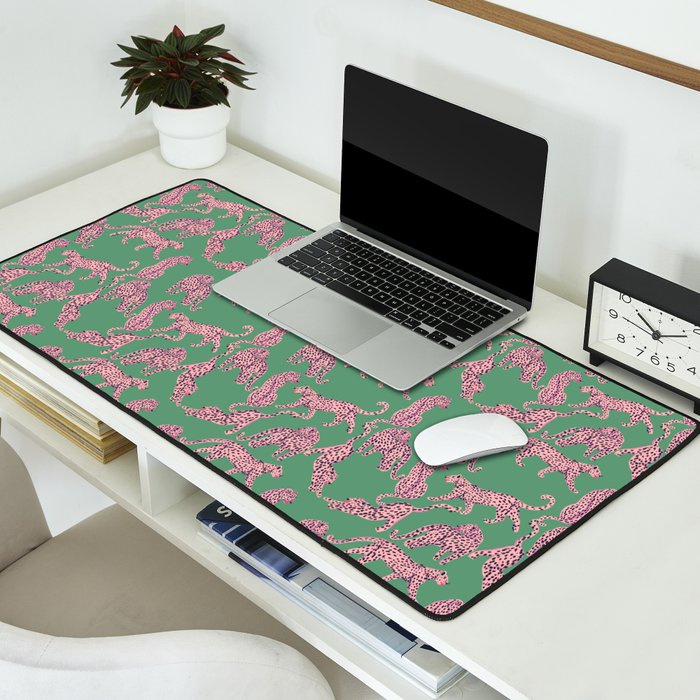Modern abstract pink leopards in emerald green background  Desk Mat Gallery Image 2