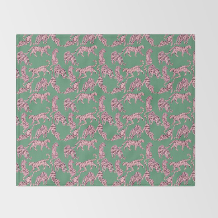 Modern abstract pink leopards in emerald green background  Throw Blanket Gallery Image 2