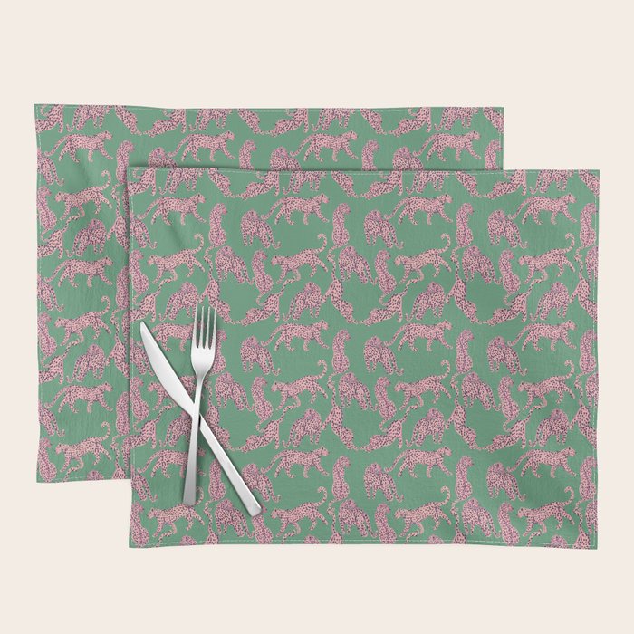 Modern abstract pink leopards in emerald green background  Placemat Gallery Image 1