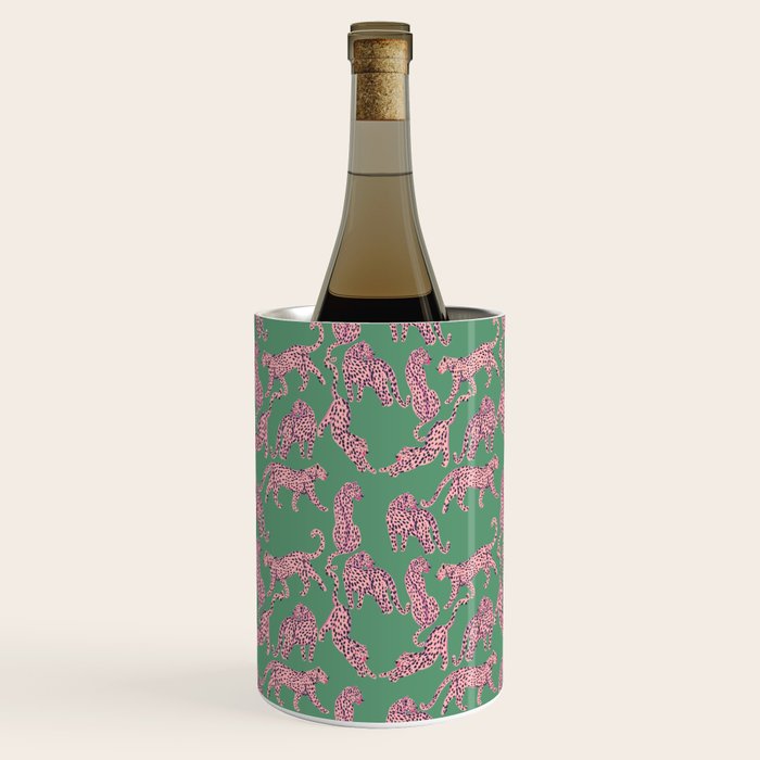 Modern abstract pink leopards in emerald green background  Wine Chiller Gallery Image 1