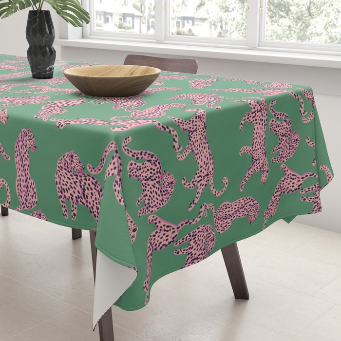 Modern abstract pink leopards in emerald green background  Tablecloth Gallery Image 3